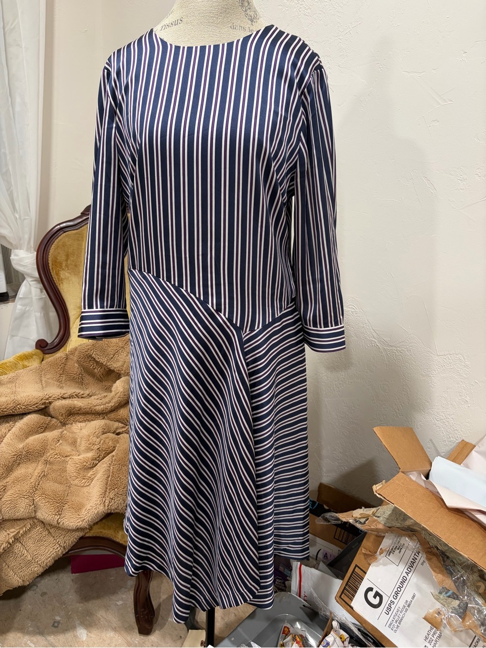 Banana Republic Navy, Burgandy, and White Striped A-Line Dress